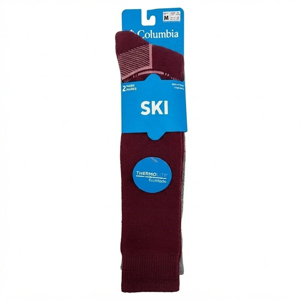 Columbia Ski Socks Women Size M Red Grey NEW 2-Pack Over-The-Calf LOT OF 4 PAIR